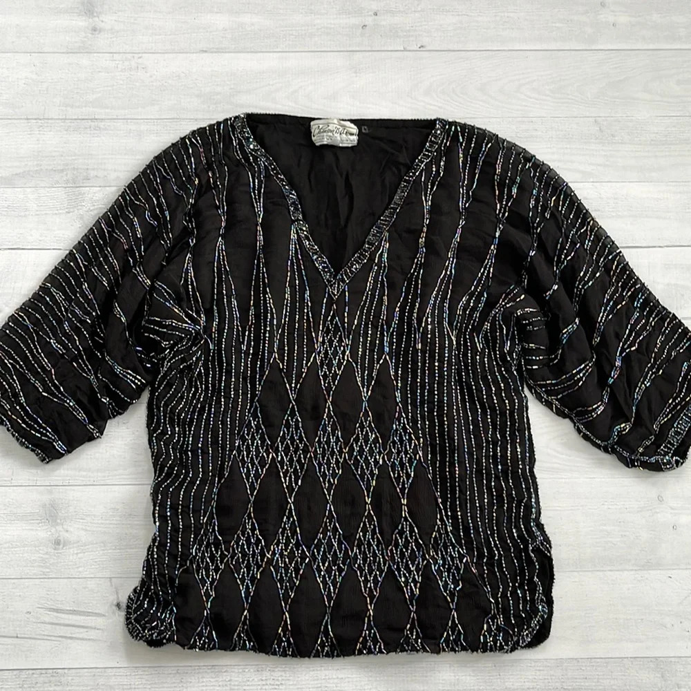 1980s Vintage Sequined Beaded Silk Short Sleeve Black Top S